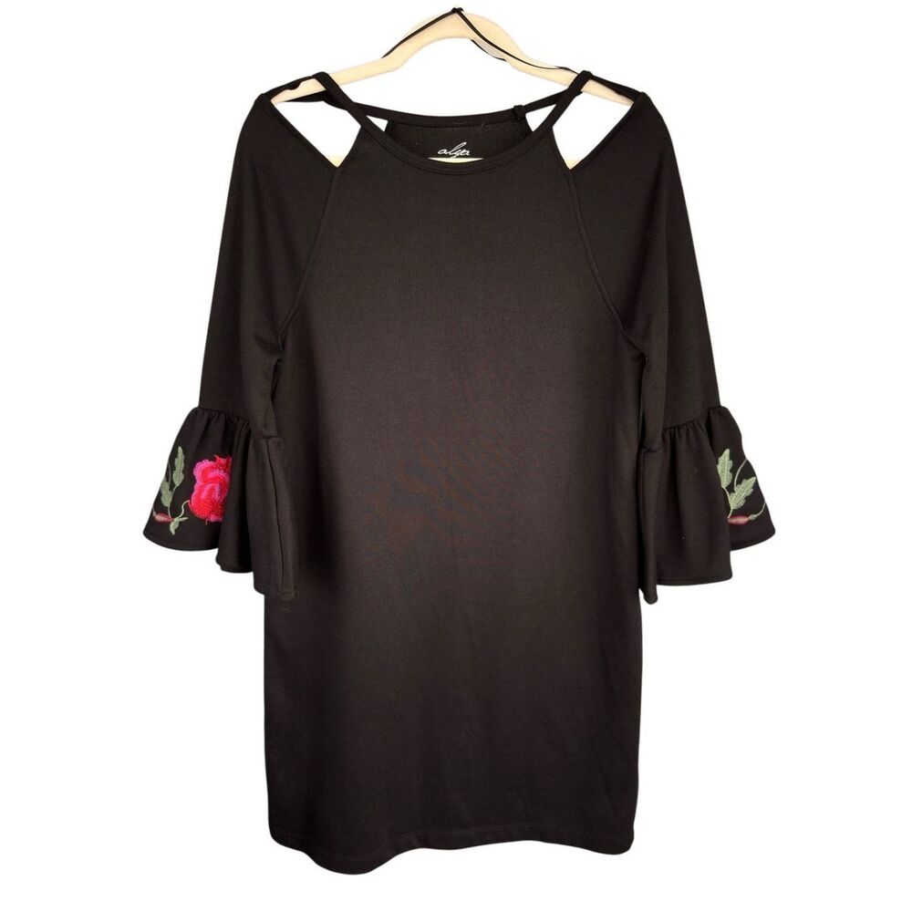 Alya Women's‎ Floral Bell Sleeve Cold Shoulder Swing Mini Dress Black Small